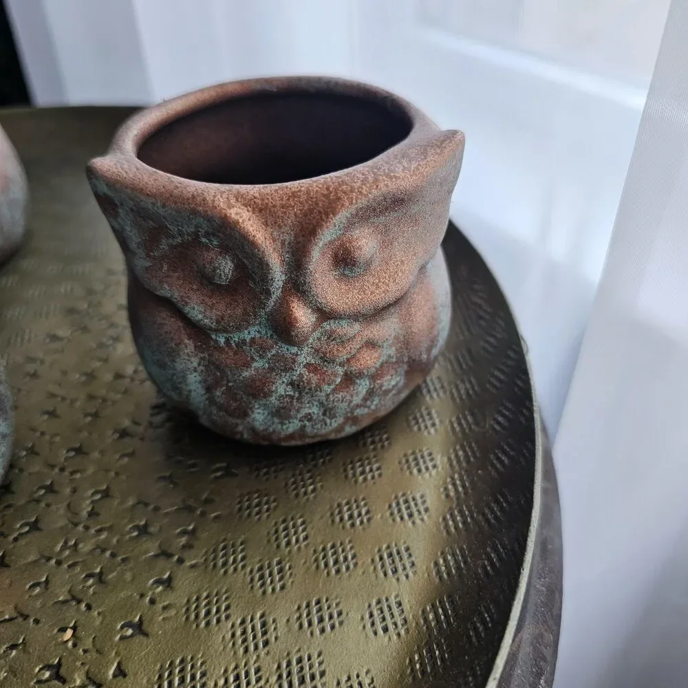Upcycled Ceramic Owl Trio Rustic Copper Patina Finish Versatile Fall/Halloween